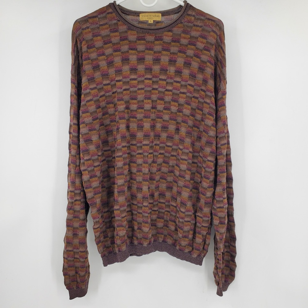 Vintage Tricots St Raphael XL Textured Checkered 3D Knit Sweater Brown 90s